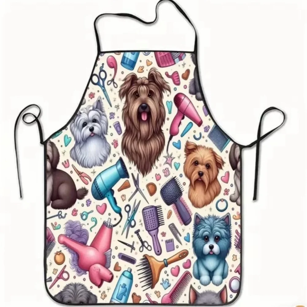 Dog Grooming Pattern Apron in Cream OS Adjustable NWT